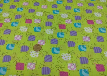 Comic Farm cotton green fabric with animals in various sizes